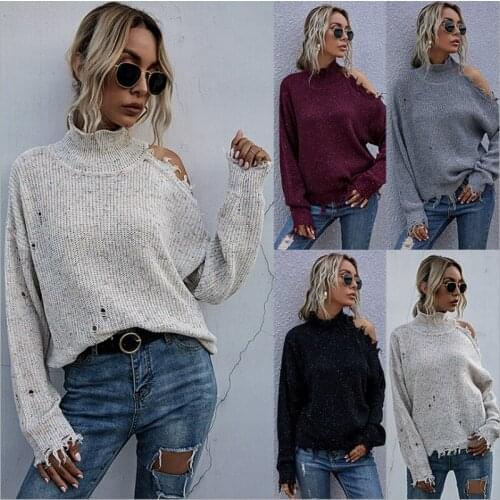 Fall 2021 New Womens Sweater Loose Off-shoulder Ripped Long-sleeved High-neck Solid Color Knitted Pullover Blouse Clothing WY18