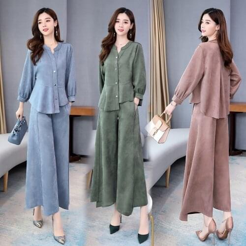 2020 Autumn Two Piece Sets Outfits Women Plus Size V-Neck Blouses+ Pants Suits Elegant Korean Office Sets WomenS Clothes AA5418