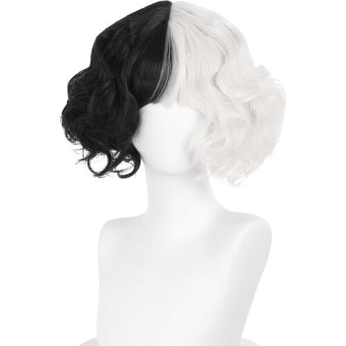 CRUELLA de Vil Cosplay Wig Short Curly Black White Ms. Spot Hair Deville Dalmations Heat Resistant Cosplay Wigs + Wig Cap