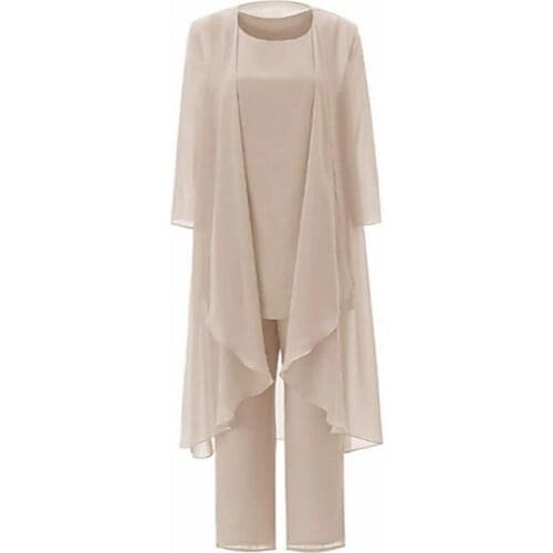 Chiffon Womens Suit 3 Pieces Mother Pantsuit Sets Elegant Champagne Solid Dress With Jacket Female Plus Size For Wedding Party