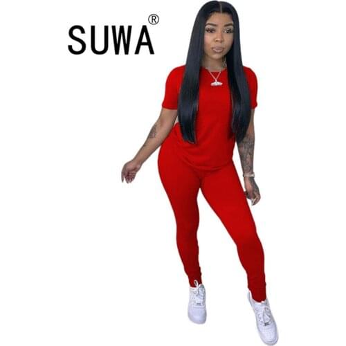 Tracksuit Women Two Piece Outfits Matching Sets Solid Color Short Sleeve Classic Tunic Top Jogger Leggings Sports Suit Fitness