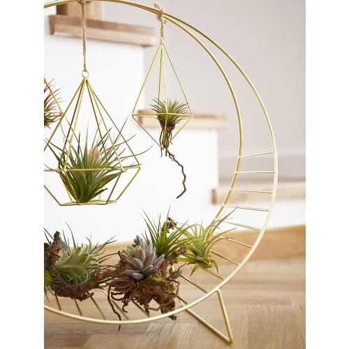Decoration Golden, round Wrought Iron Bookcase Tillandsia Diamond Hanging Flower Stand Flower Device Metal Copper Ornaments