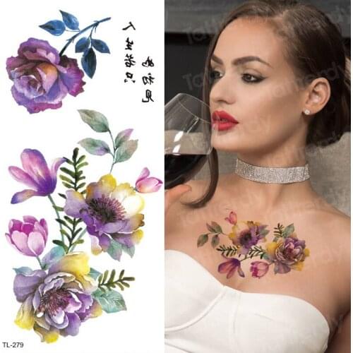 Temporary tattoo sticker purple rose flower tattoo for women girls temporal tattoo removable waterproof body art tatoo fake