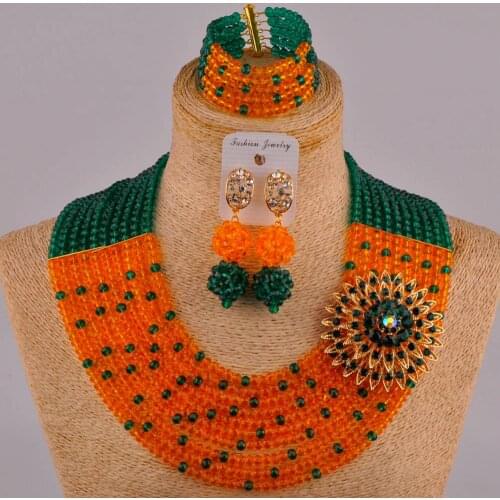 Army green and orange african wedding beads costume necklace jewelry set 10SZ