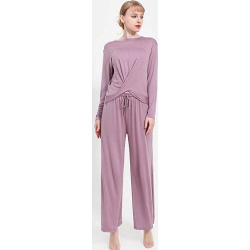 2 Pcs Modal Long Sleeve T-shirt Womens Spring Round Neck Loose Top Large Wide Leg Pants Thin Pajama Suit Simple Plus Size