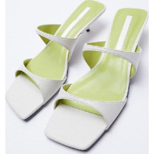 ZAR 2021 Summer New White Fashion Square Toe High Heels Sexy Outer Wear Stiletto Muller Lazy Sandals And Slippers Women Luxury
