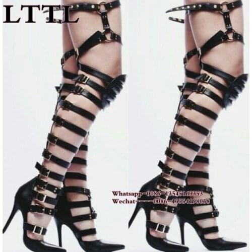 Sexy Woman Pointed Toe Strap Buckled Over The Knee Gladiator High Heel shoes cut out Thigh High Summer Boots Big Size 42