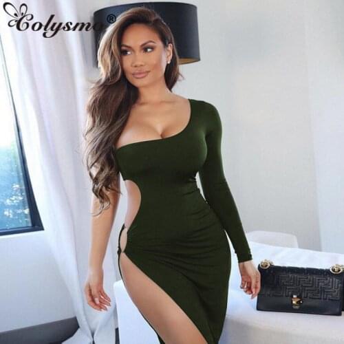 Colysmo Leg Split Sexy Dress Backless One Shoulder Long Dress Midi Dress Women Hollow Out Bodycon Club Party Dresses Vestidos