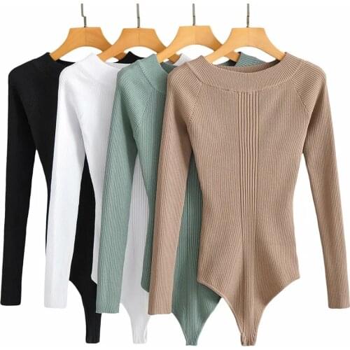 Autumn Winter Women Sexy Knitted Solid Slash NeckLong Sleeve Black White Green Khaki Bodycon Bodysuit Jumpsuit