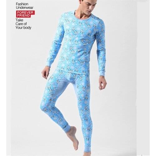 1 Set Mens Fashion Brand O-Neck Sleepwear Winter Thermal Print Underwear Warm Cotton Long johns for men top+pants