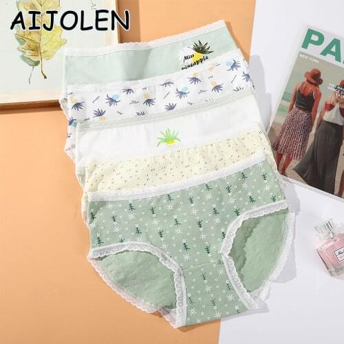 AIJOLEN Green Printed Cute Panties Pineapple Underpants Cotton Crotch Womens Panties Mid-waist Briefs Underwear for Women