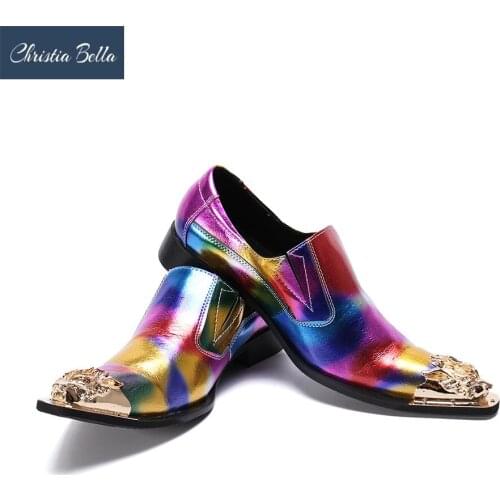 Christia Bella Classic Genuine Leather Metal Tip Slippers Flats Banquet Wedding Men Dress Shoes Colorful Leather Print Shoes Men