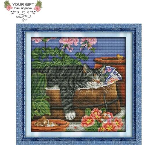 Joy Sunday DA083 14CT 11CT Counted and Stamped Home Decor Sleeping Cat Needlework Needlepoint Embroidery DIY Cross Stitch kits