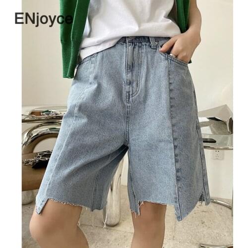 Women Vintage Blue Irregular High Waist Denim Shorts 2021 Spring Summer Mid Length Wide Leg Jeans Cycling Straight Shorts