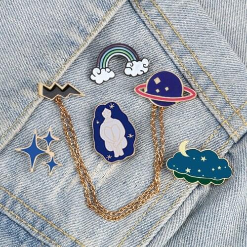Cute Rainbow Blue Cloud Star Enamel Brooches Dream Girl Asteroids Lightning Lapel Pins Custom Weather Jacket Badge Jewelry Gifts