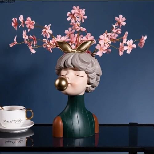 Art Cartoon Cute Bow Girl Flower Pot Vase Resin Figure Sculpture Flower Arrangement Living Room Furnishings Head Vase Home Decor