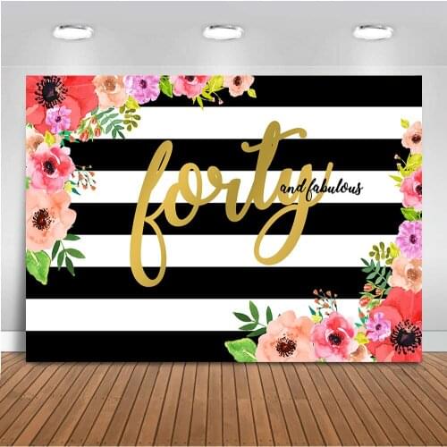 MOCSIKA Fabulous Forty Birthday Backdrop for Photography White Black Stripe Background for Photo Booth Rose Flower Party Decor