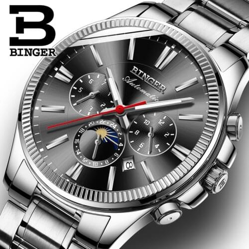 BINGER Watch Men Luxury Brand Automatic Mechanical Men Watches Sapphire Wristwatches Moon Phase Luminous Waterproof Clock B1180