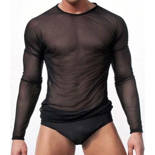 Men Undershirt Sexy Mesh Transparent Sheer Shirts Long Sleeves Slip Homme T Shirts Ondergoed Hemd Gay Top Tee Underwear Clubwear