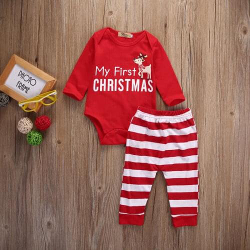 My First Christmas Cute Baby Boys Girls Xmas Red Romper Tops Long Sleeve Pants Leggings Hat Outfit Clothes Sets DS19