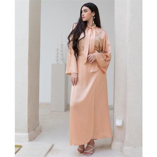 2021 New Fashion pearl Dress Islam Clothing Abayas for Women Gown Satin Long Islamic Clothing Muslim Dress for Girls Evening
