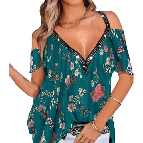 New Women Sexy V-neck Loose Off-shoulder Short Sleeve Floral Print T-shirt Tee Shirt Streetwear for Office Streetwear