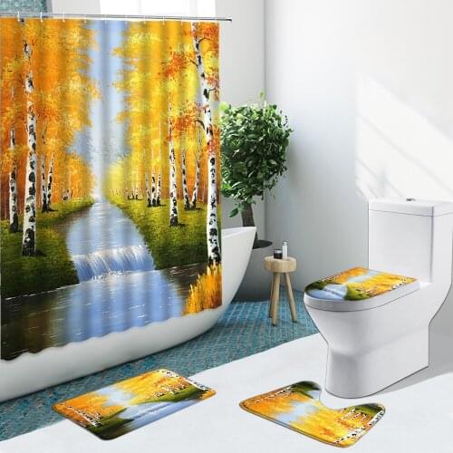 Autumn Natural Scenery Shower Curtain River Forest Mountain Water Non-Slip Flannel Rug Toilet Cover Bathroom Set Bath Mat Decor