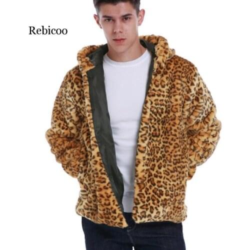 Autumn leopard print faux mink leather jacket mens winter thicken warm fur leather coat men jackets hooded jaqueta de couro