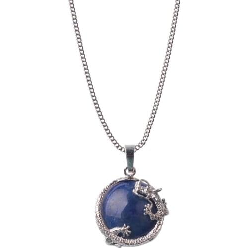 Lapis lazuli dragon pendant necklace natural opal tiger eye aventurine quartz stone 65cm silver-color chain long jewelry