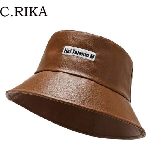 2020 New Autumn Winter Letter Bucket Hat Faux Leather Bucket Cap Men Women Fashion Panama Lady Girls PU Leather Fisherman Hat