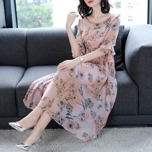 Imitate Real Silk Dress Sweet Women Clothes 2018 New Summer Dresses Fashion Loose Office Lady Casual Printing Costume