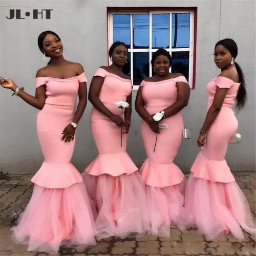 African Off the Shoulder Bridesmaid Dresses Mermaid Wedding Party Dress Tulle Pink Plus Size Black Women Bridesmaid Dresses