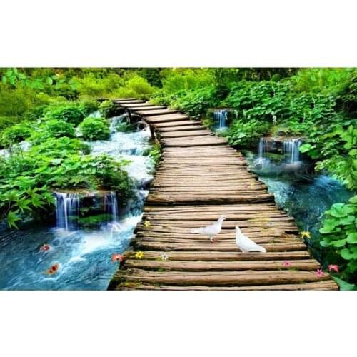 Large wooden bridge flowing water 3D floor decoration painting Self-adhesive Vinyl Wallpaper Modern Living Room Bathroom Sticker