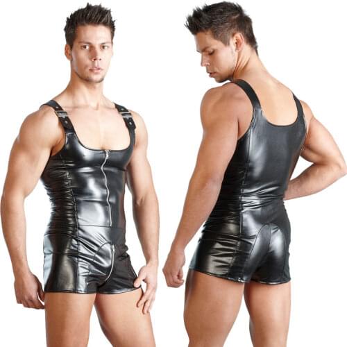 Sexy Lingerie GAY Mens Bondage Fetish Black Stretch PVC Look Latex Spandex jumpsuit Catsuit L934