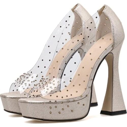 PVC Rhinestone Peep-toe Thin High-heeled Pumps Sexy Platform Shoes Woman Super High Party Wedding Shoes Drop Ship