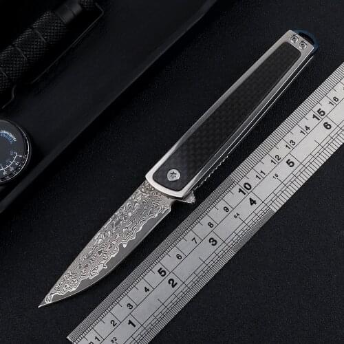 High-quality Damascus folding knife with high-density carbon fiber handle outdoor tactical self-defense fruit EDC tool knife