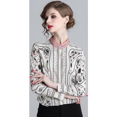 Spring summer womens long sleeve vintage print shirt female european fashion turtleneck casual loose chic shirt blouse TB957