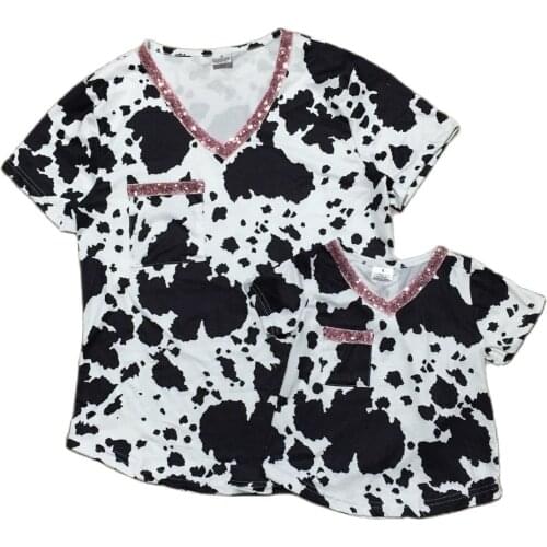GirlyMax Summer Fall Mom Me Short Sleeve Cow Print T Shirt Mommy Daughter Cute Top