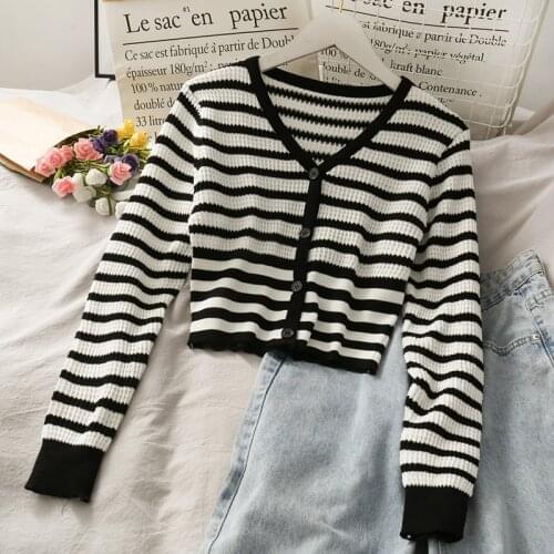 2021Spring and Autumn WomenKnitted Jacket Thin Cropped Cardigan Full Sleeve Knitted Blouse Stri White Black V Neck Elastic top