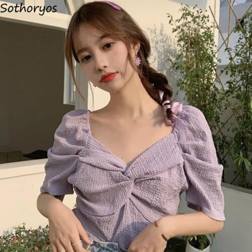 Women Shirts Solid Blouses Pleated V-neck Sexy Puff Short Sleeve Knot Stylish Korean Style Sweet Girls Tops Casual Chic Slim Ins