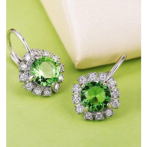 Huitan Korean Partysu Style Women Earrings Luxury Silver Color Green Round Zircon Surrounded by White CZ Elegant Women Jewelry
