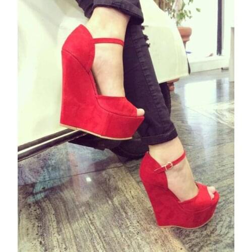 Moraima Snc Red Suede Platform Wedge Shoes Woman Peep Toe Ankle Strap Sandals Sexy Cutouts Gladiator Heels Super High Sandal