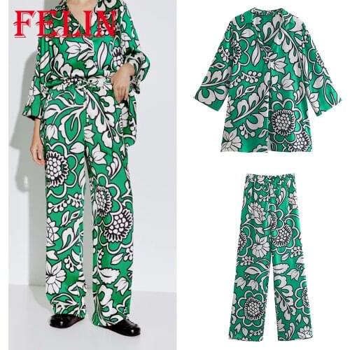 Za 2021 Women Boho Blue Floral Suits Oversized Long Sleeve V Neck Shirts and High Waist Wide Leg Pants Holiday Autumn Suits