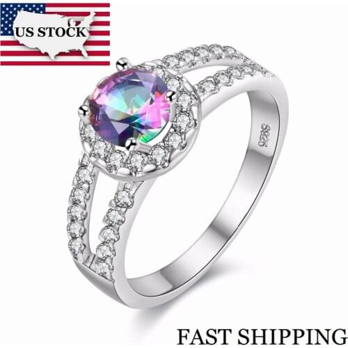 US STOCK Uloveido 10% Off Rainbow Crystal Wedding Rings for Women Jewellery Silver Color Ring Female Anillos Mujer Rings J510