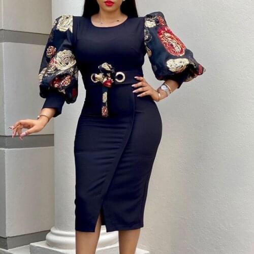 Women Elegant Lantern Sleeve Slim Pencil Dress Retro Floral Print O Neck Ladies Bodycon Dress 2021 Spring Fashion Dress Vestidos