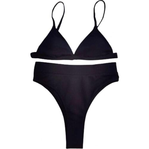 Women Ribbing Solid Color High Waist Deep V-neck Two-piece Swimsuit Bikini Bathing Suit for Swimming