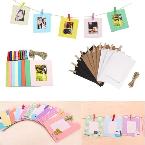 10 Pcs DIY Kraft Paper Photo Frame 3 inch Hanging Wall Photos Picture Frame Kraft Paper With Clips and Rope For Film Cameras