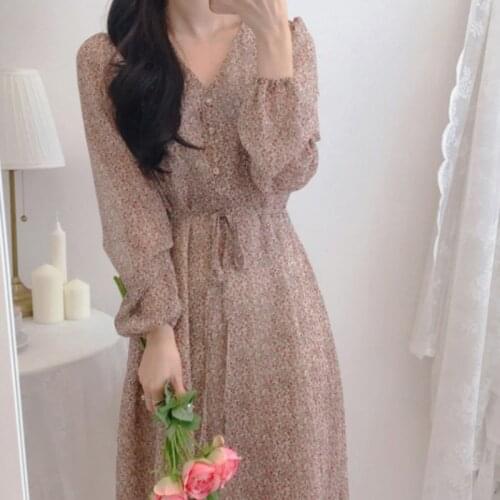 Floral Chiffon Vestidos 2021 Autumn Long Sleeve V-Neck Vintage Bandage Dress Casual Slimming Waist Fairy Stylish Dresses