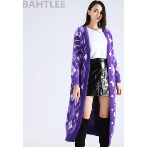 BAHTLEE Winter Womens Angora Surper Long Cardigans Knitting Sweater Mink Cashmere Looser Keep Warm Geometric Pattern Pocket