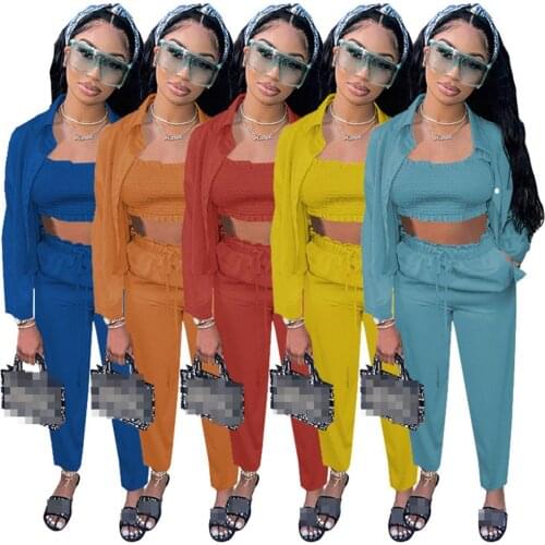 Sexy Satin 3 Piece Set Women Ruffle Strapless Crop Top Long Sleeve Shirt Bandage Pants Matching Set Party Streetwear Outfits